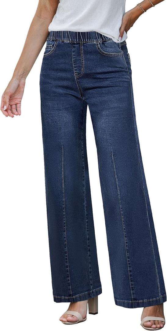GRAPENT Pull On Womens Jeans Baggy Stretchy High Waisted Denim Wide Leg Trouser Pants Trendy Front Seam 90s Loose Jean (XX-Large, Midnight Blue)