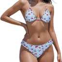 Women's Lemon Peach Pattern Plaid Print Bikini Sets Halter Top Low-Rise Panties Ruffles Trim Bathing Suits (Small, Blue)