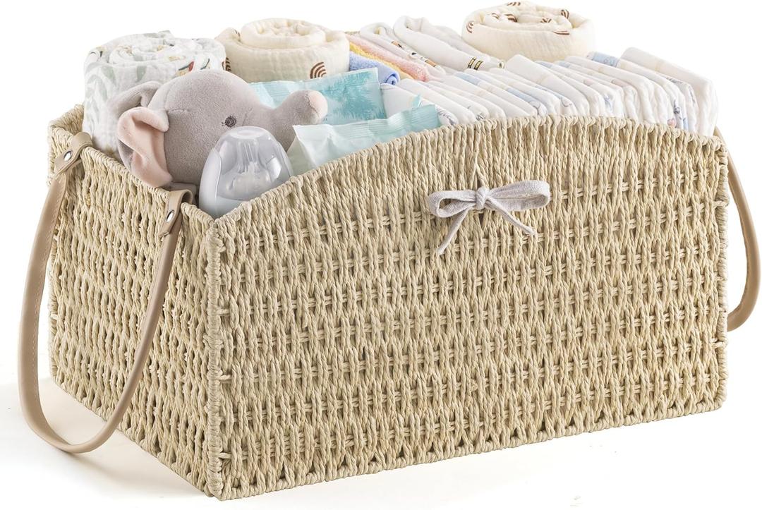 HBlife Diaper Caddy Organizer, Large Hand-Woven Storage Basket for Diapers & Baby Essentials - Elegant Curved Design, Ideal Gift for Baby Shower & Registry Must-Have (Beige)
