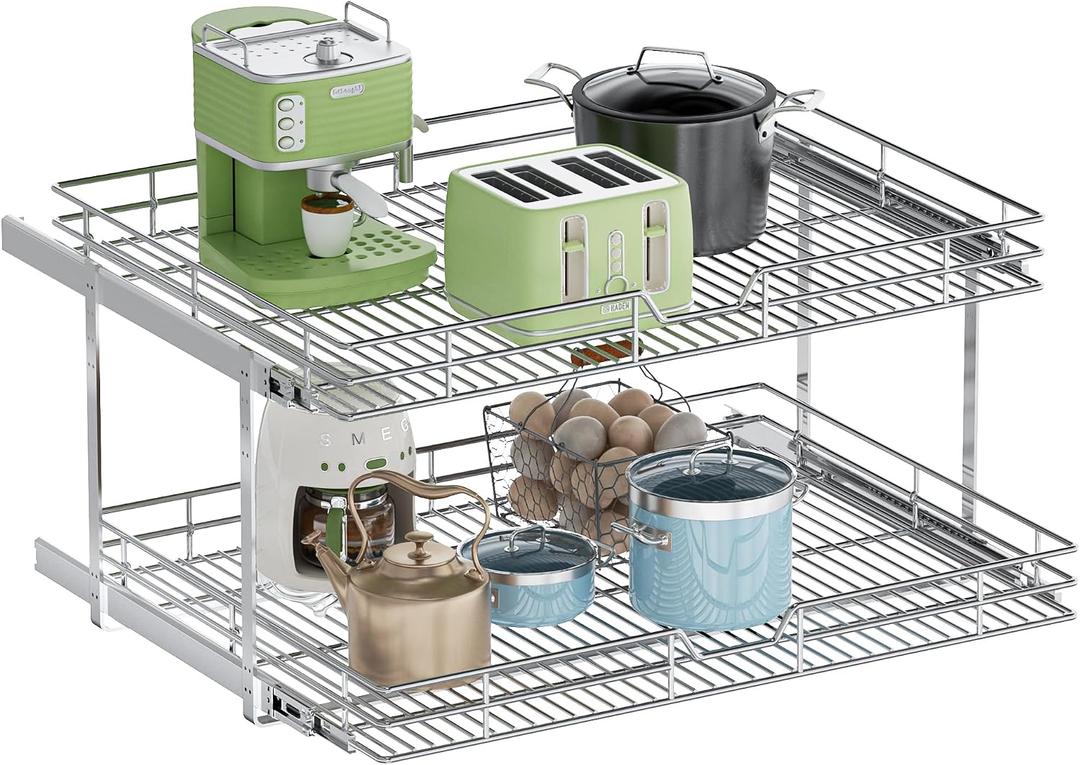 2-Tier Pull Out Cabinet Organizer, 30" W x 21.5" D, Heavy Duty Dual Slide Out Shelves for Wide Base Cabinets, Chrome Wire Basket Drawer for Pots, Pans, Pantry & Cleaning Supplies