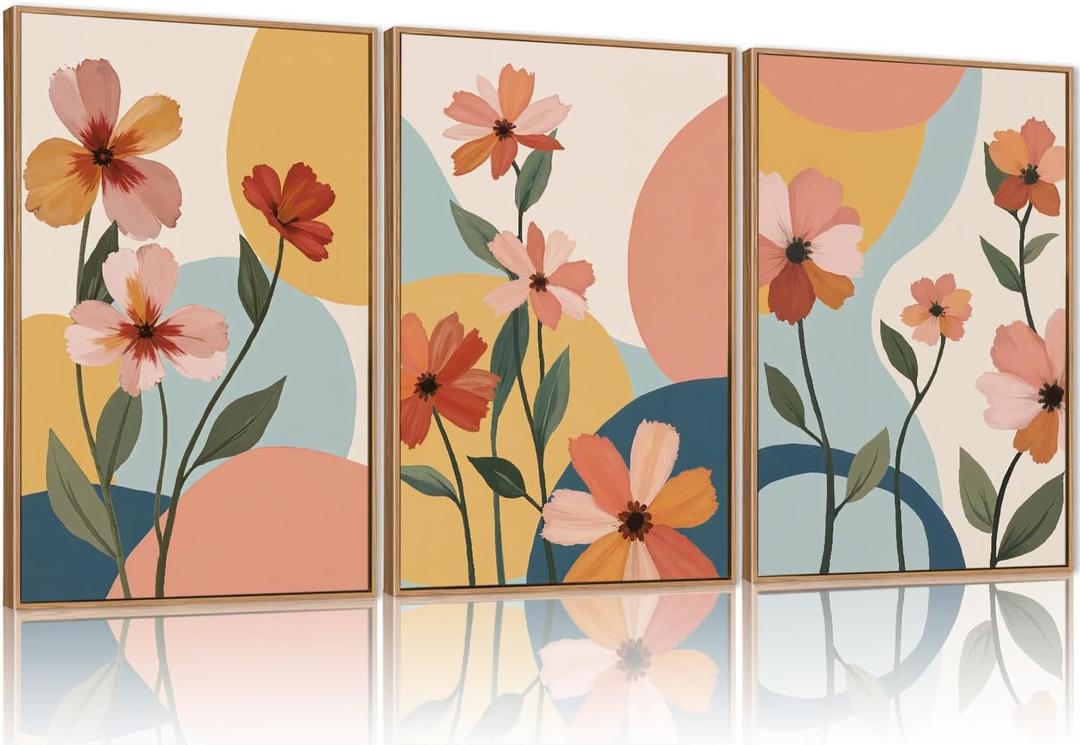 FWIEXA Boho Floral Canvas Wall Art,Pink Flower Pictures Wall Decor,Modern Orange Flowers Wall Art,Abstract Plant Botanical Art Print,Wildflower Bohemian Artwork for Bedroom Rustic Farmhouse 16x24''x3
