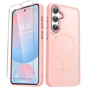 for Samsung Galaxy S25 Case, Matte Magnetic Phone Case with 1 Screen Protector, Support for Magsafe, Translucent Frosted Shockproof Protective Cover for Samsung Galaxy S25, Pink