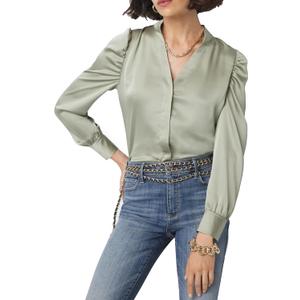 Womens Bay Leaf Satin Y Neck Ruched Shoulder Shirt Long Sleeve Tops Dressy Business Casual Blouse (M)