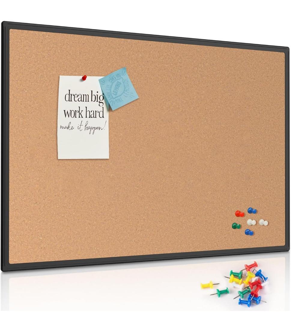 Cork Board Bulletin Board 46" x 32", Black Aluminium Framed 4x3 Corkboard, Office Board for Wall Cork, Large Wall Mounted Notice Pin Board with 18 Push Pins for School, Home & Office, 46" X 32