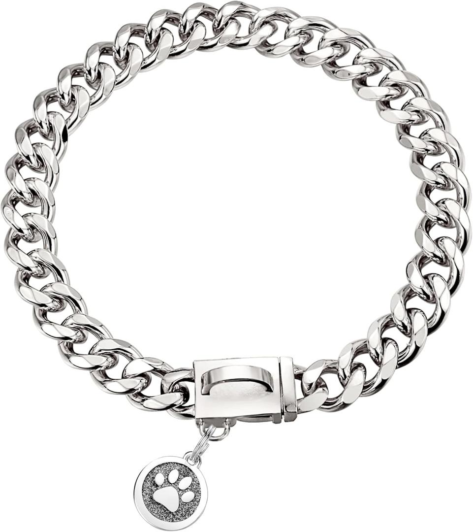 Chain Dog Collar 15mm Silver Cuban Link Dog Collar with Snap Buckle Silver Plated Stainless Steel Metal Dog Chain Collars for Puppy Small Medium Large Dogs Includes Dog tag & Bell(S-18)