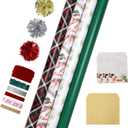 LaRibbons Christmas Wrapping Paper Sets, Classic Reindeer & Plaid Design With Ribbons & Gift Tags & Metallic Pom Pom, Perfect for Xmas, Holiday Party, 30Inch  10Feet 4 Rolls: 100 Sq.Ft.Ttl