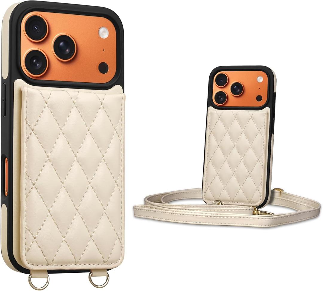 2 x Keallce for iPhone 17 Pro Wallet Case with Crossbody Strap, 4 Credit Card Holder with RFID Blocking, Magnetic Closure iPhone Stand Flip Cover Shockproof for Women,6.3inch Beige