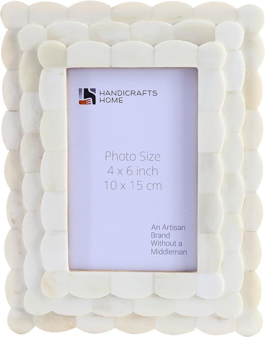 Handicrafts Home 4x6 Picture Frame White, Scalloped Bone Inlay Photo Frame, Handmade Decorative Picture Frame for Wall or Tabletop, Coastal Modern Home Decor