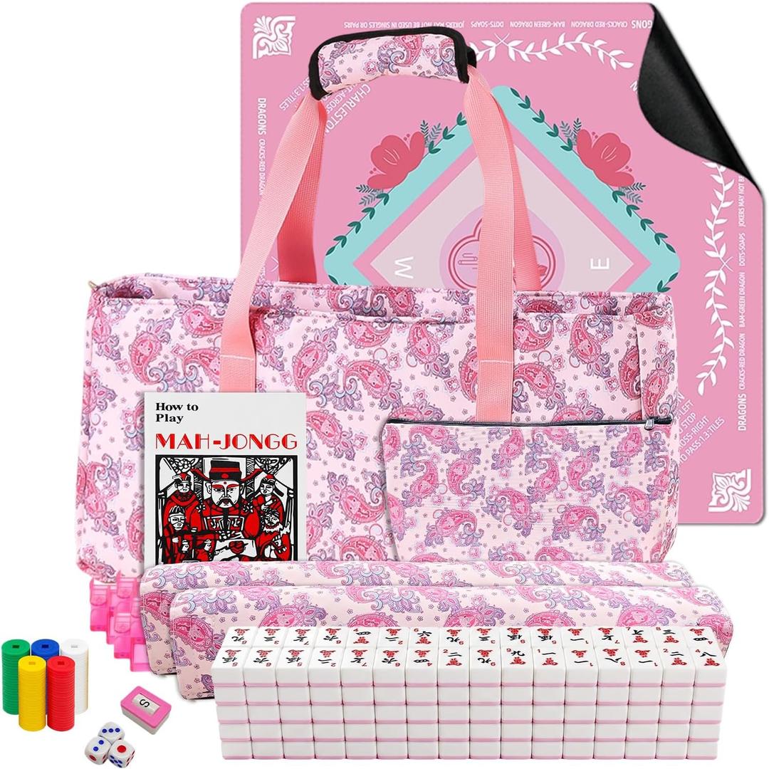 American Mahjong Set with Mat and Racks 166 Pink Tiles, 4 All-in-One Color Rack/Pushers, Chips & Dice, Pink Carrying Bag Complete Portable Mahjong Set for Beginners & Adults