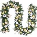 WANNA-CUL Pre-Lit 9 ft/108 Inch Christmas Garland with 50 Led Lights,Champagne Gold Christmas Mantel Garland Decor for Front Door with Ball Ornaments, Battery Operated