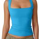 QINSEN Women's Square Neck Sleeveless Double-Layer Tank Tops Basic Tight T Shirts (Medium, Peacock Blue)