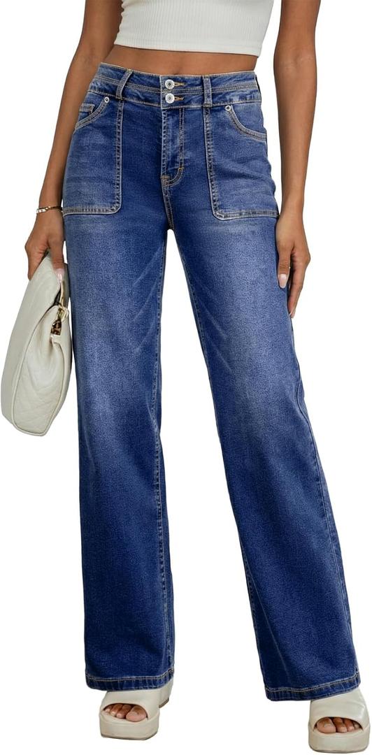 EVALESS Women's Wide Leg Jeans High Waisted Straight Leg Jeans Trendy Stretchy Loose Zimbaplatinum Denim Pants with Pockets, Size 18