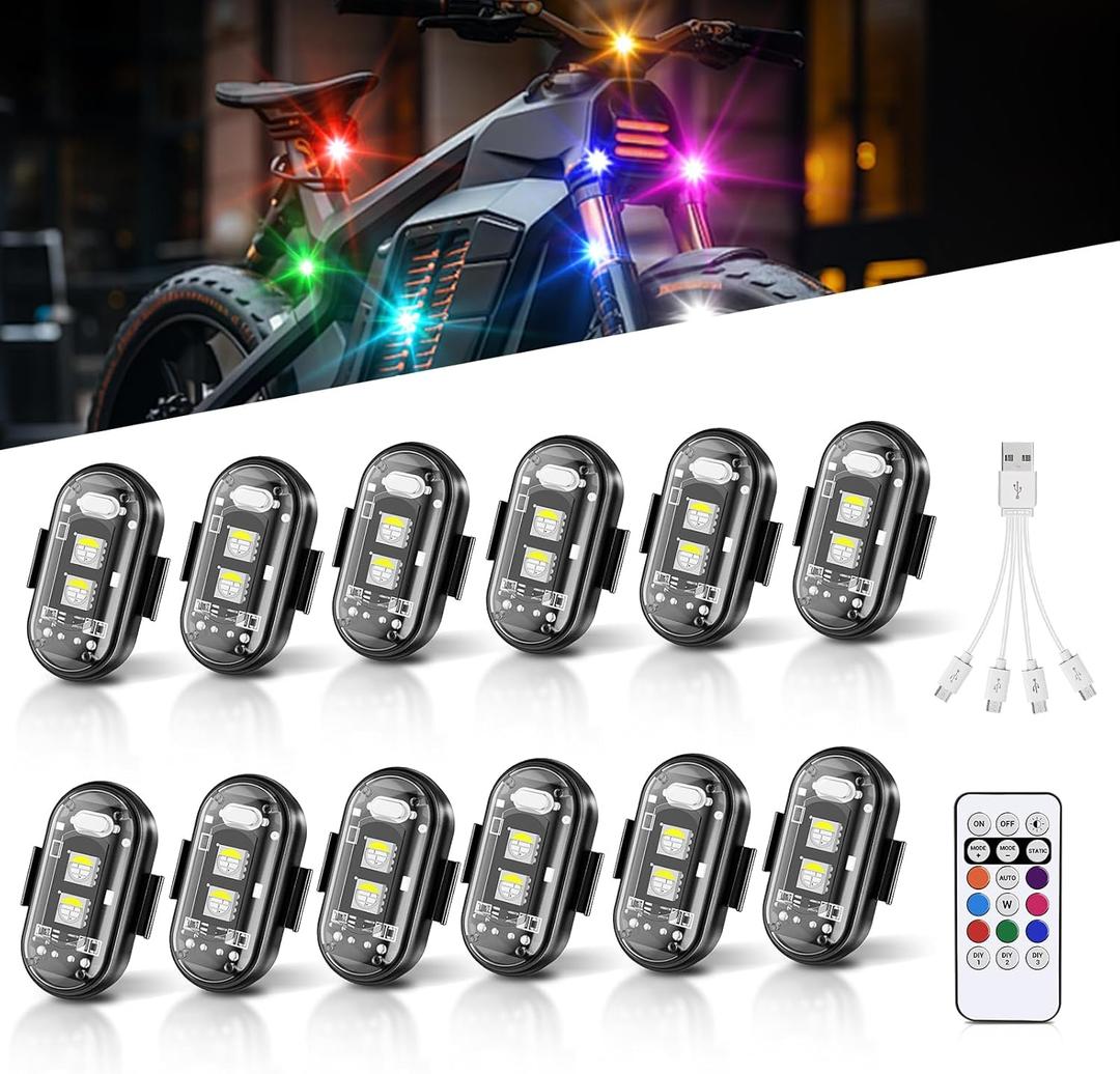 12Pcs Wireless LED Strobe Lights, 8 Colors 10 Flash Modes USB Charging, High Brightness Waterproof Anti-Collision Led Flashing Emergency Warning Light for Car Drone