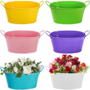 Foraineam Metal Flower Planter Pots Oval Plant Pot Holders with Handles, Floral Arrangement Bucket Tubs, Garden Succulent Cactus Container for Indoor Outdoor Wedding Party Events Decor, 6 Colors