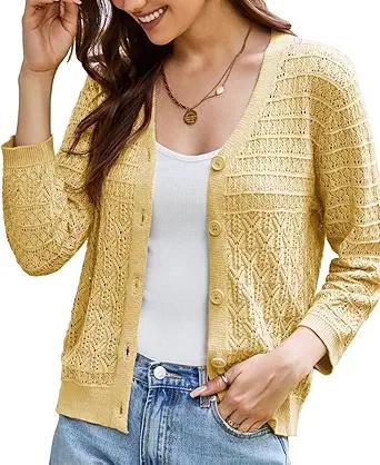 GRACE KARIN 2025 Women's 3/4 Sleeve Crochet Knit Button Down Cardigan Cropped Shrug Bolero Lightweight Sweaters Tops Size XL