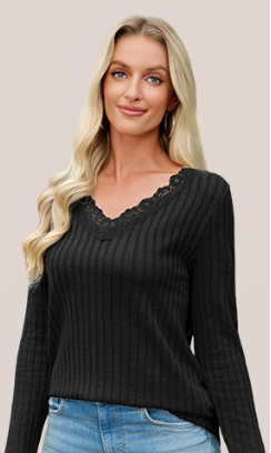 Tankaneo Womens Lace V Neck Tunic Tops Long Sleeve Ribbed Knit Shirts Fall Casual Basic Tees M