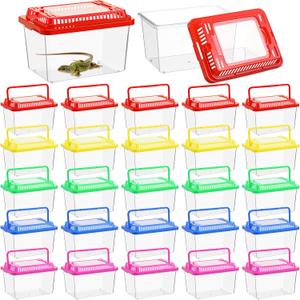 LemonRoad 25 Pcs Plastic Reptile Terrariums Carrier Cage Enclosure Snake Breeding Box Hatching Container Fish Tank with Ventilated Lid for Tarantula Spider Turtle Hermit Crab Lizard (5.1x3.5x3.5 Inch)