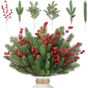 50 Pcs 18.5 Inch Large Christmas Artificial Pine Branches Faux Pine Needles with Pinecone, Red Berry Stems Greenery Fake Needle Branches Red Berry for DIY Christmas Wreath Garland