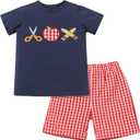 OBEEII Back to School Outfit Toddler Boy Short Sleeve Graphic Shirt Gingham Shorts First Day of School Summer Clothing Set