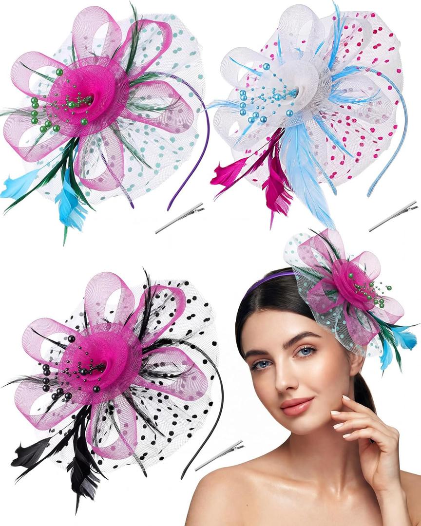 Yunsailing 3 Pack Fascinators Hats for Women Tea Party Mesh Flower Derby Fascinator Hat with Headband and Clip for Derby Events Wedding