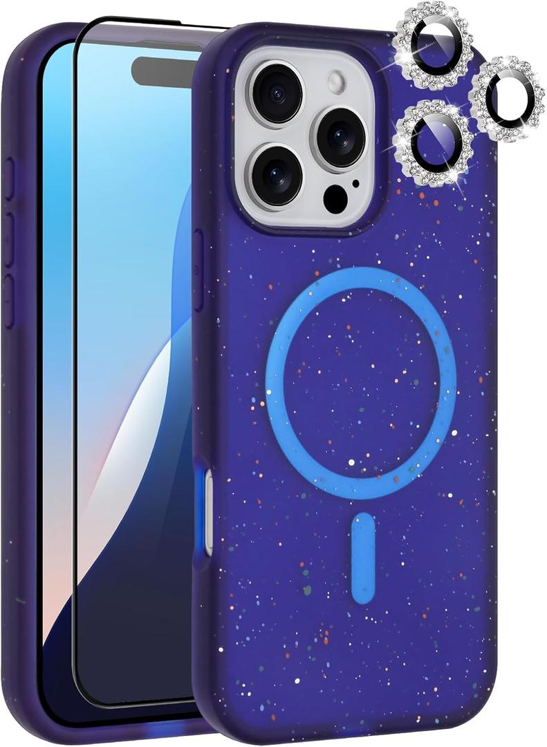 MZELQ for iPhone 16 Pro Case, Compatible with MagSafe, Shower Blue, Shockproof, Drop Proof, Ultra-Slim, Diamond Camera Protector, Screen Protector, Silicone Designed for iPhone 16 Pro Case