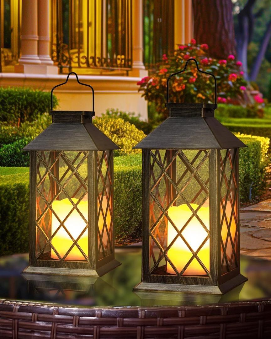 Otdair Solar Lanterns Outdoor Waterproof, 2 Pack 14" Solar Lantern with Glass Retro LED Flickering Flameless Candle,Lanterns Decorative Outdoor for Gift, Yard, Garden, Patio, Balcony,Porch, Party, Bronze 