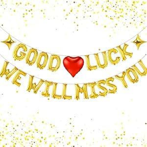 Good Luck We Will Miss You Gold Letter Balloons, Large 16 Inch Aluminum Balloons with Star&Red Heart Retirement Party Decoration for Coworker Leaving Farewell Going Away Goodbye Graduation Party Favor