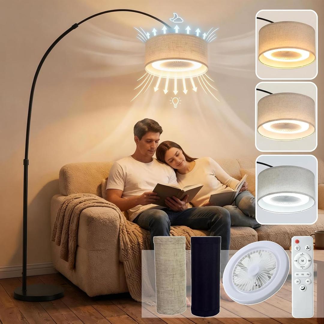 Arc Floor Lamp with Fan Head, Dimmable Floor Lamps with Remote, 3 Color Temperatures Adjustable Standing Lamp, Bright Reading Floor Lamp with Marble Base for Living Room Bedroom