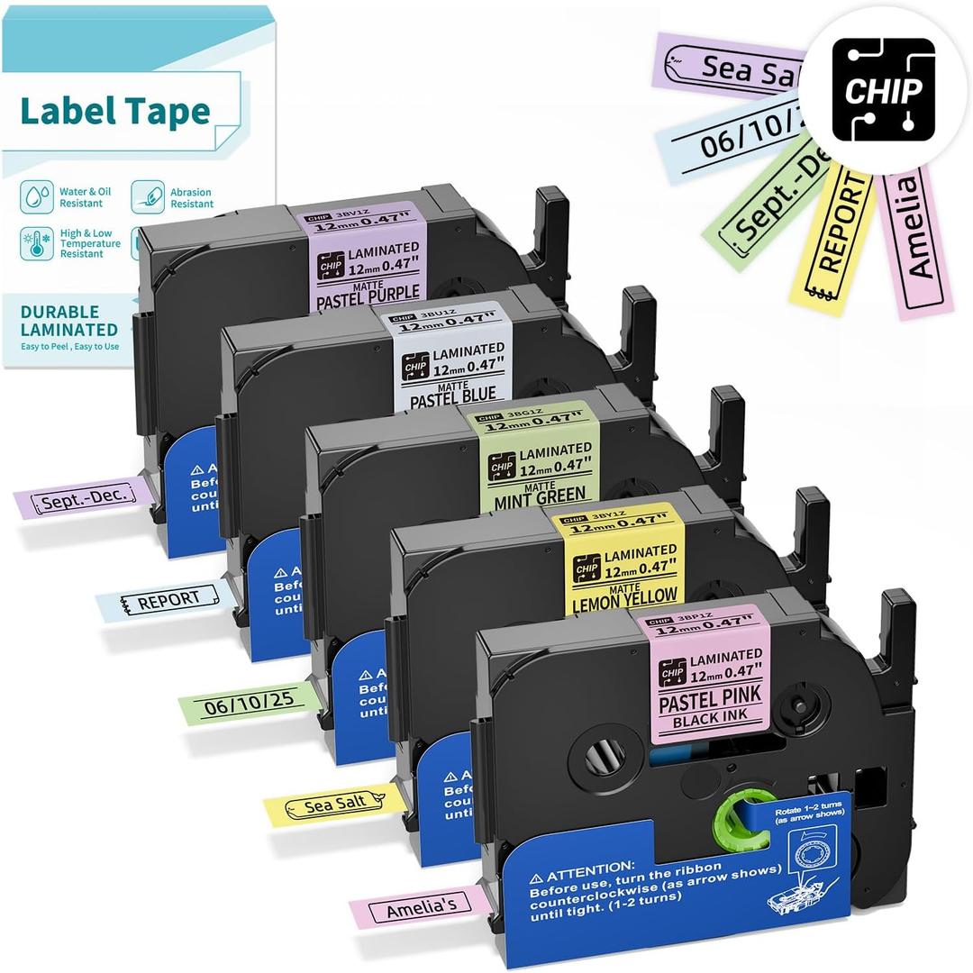 Soft Color BZ Tapes for D210S H1100 E1000 Label Maker, 12mm 0.47 Laminated CHIP Label Tapes Refills, Pastel Pink(3BP1Z) Yellow(3BY1Z) Green(3BG1Z) Blue(3BU1Z) Purple(3BV1Z), 5-Packs (12mm x 8m (0.47" x 26.24ft.))