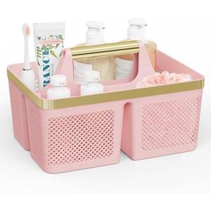 Shower Caddy Dorm Plastic: Portable Bathroom Caddy Organizer with Handle and Holes, Cleaning Caddy, Hard Shower Basket Storage Tote for Toiletry, College Dorm Room Essentials Pink/Gold
