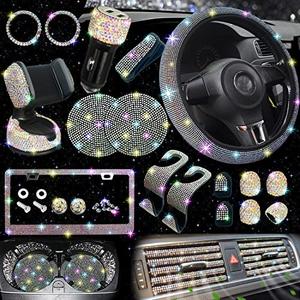 NBTEPEM 27 PCs Multicolor Bling Car Accessories Set for Women, Steering Wheel Covers Universal Fit 15 Inch, Bling License Plate Frame, Bling Phone Holder, Bling Car Coasters