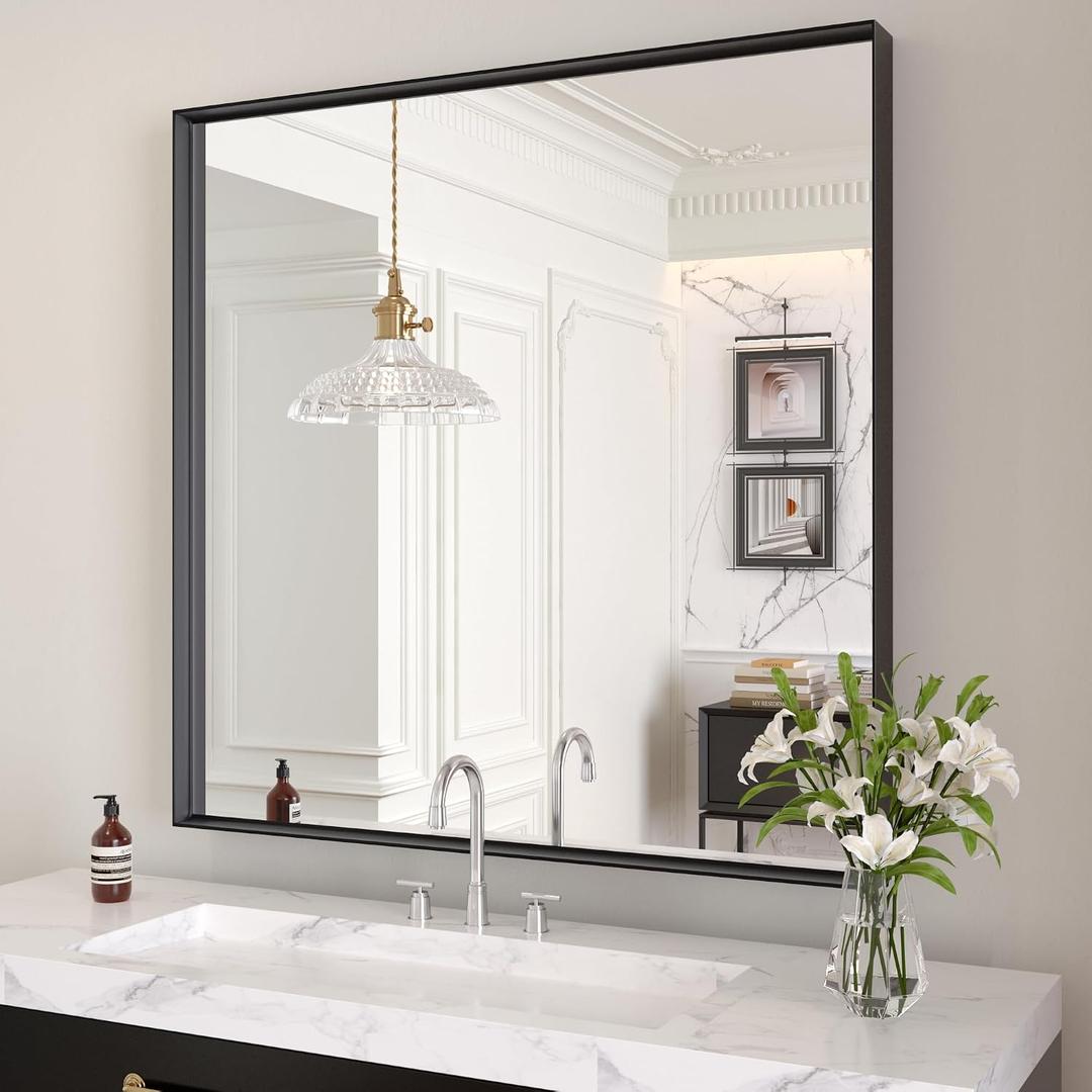 LOAAO Black Bathroom Mirror 32"X32" for Wall, Rectangle Bathroom Vanity Mirror, Tempered Glass, Hangs Vertically or Horizontally, Easy to Install, Modern Design