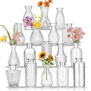 Glass Bud Vases in Bulk Set of 17, Transparent Clear Small Mini Vases for Flowers, Vintage Vase for Centepiece, Wedding, Table Decor, Baby Shower, Christmas, Home and Events