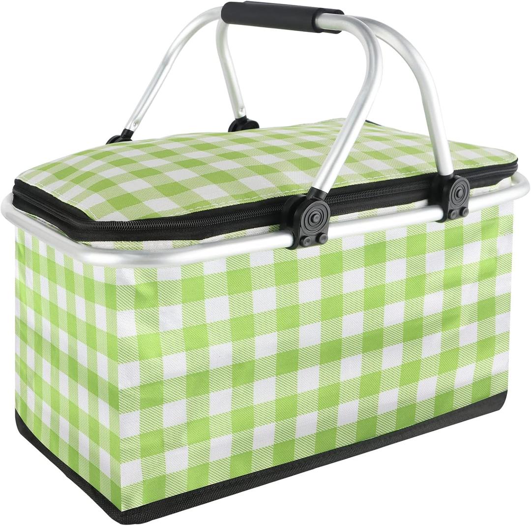 Insulated Picnic Basket,Collapsible Cooler Bag,32L Grocery Basket with Lid,2 Sturdy Handles,Storage Basket for Picnic,Food Delivery,Take Outs,Market Shopping,Travel (Green Grid) (32L-NO LeakProof)