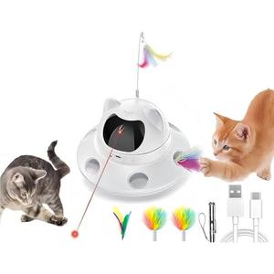 3-in-1 Cat Laser Toy & Interactive Automatic Motion-Activated Kitten Toy – 6 Holes Whack-A-Mole Feather & Moving Ambush Fun – USB Rechargeable, Apply To – Indoor Exercise for Cats of All Breeds