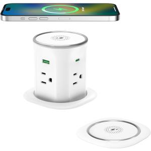 Jgstkcity Pop Up Countertop Outlet Recessed Power Strip with 15W Wireless Charger,45W USB C,3.15 inch Desk Hole,Ideal for Kitchen Island & Conference Table Receptacle (White, 6FT-45W USB Ports)