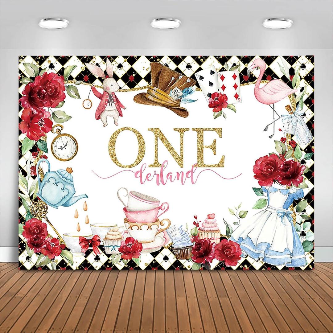 Fitumiw Wonderland 1st Birthday Backdrop 10x7ft Tea Party Onederland Happy First Bday Background Party Decorations for Kids Fairy Tale Birthday Banner Photo Booth Props