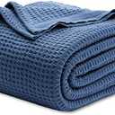 Bedsure 100% Cotton Blanket Queen Size for Bed - Breathable and Soft, Waffle Weave Blanket for Summer Spring, Navy, 90x90 Inches