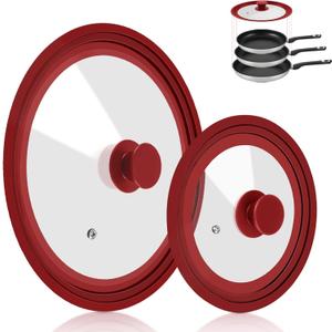 Universal Lid for Pots Pans and Skillets, 2 Pack Pan Cover fit 7", 8" 9" & 10", 11", 12" Diameter Cookware, Silicone Replacement Pan Lid Pot Lids for Frying Pans, Cast Iron,Tempered Glass Lid (Red)