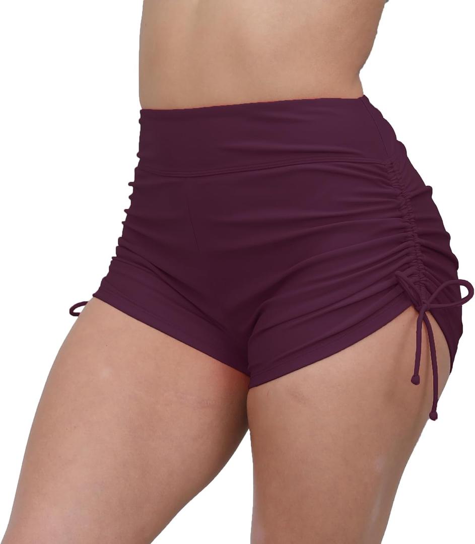 Halcurt Women's High Waisted Swim Board Shorts Tummy Control Side Tie Adjustable Tankini Swimsuit Bottoms (X-Large, Dark Burgundy)