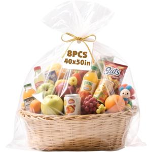 NUITPY 8 Pcs Large Cellophane Bags, 40 x 50 Inchs Cellophane Wrap for Gift Baskets, Durable Plastic Gift Bag, Clear Basket Bag - Complimentary 8 Pcs Golden Twist Ties