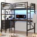 Twin Size Loft Bed with L-Shaped Desk, LED Lights,Charging Station, Industrial Heavy Duty Metal Loft Bed Frame with 3 Storage Shelves and 3 Fabric Drawers, Safety Guard & Ladder, Vintage Brown