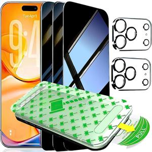 3 Pack for iPhone 17 Pro Screen Protector Privacy Full Cover Glass + 2 Camera Lens Protector 9H+ Tempered Glass Military Grade Shatterproof Anti Spy Bubble Free Auto installation Frame