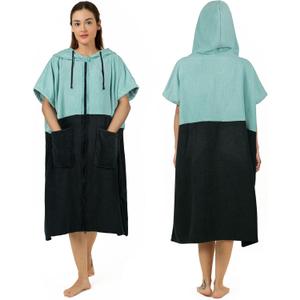 Surf Poncho Changing Towel, Extra Large Zippered Thick Towel Poncho for Men Women with Hood Pocket for Beach Swimming Changing Robe, Middle, Black Teal (M: 41''x33'')