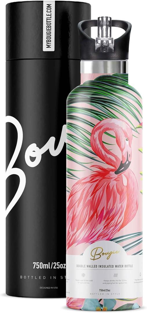 Water Bottle Stainless Steel with Straw | Wide Mouth Double Insulated | Cute Flamingo Gifts for Women | Easy Sip | Leak Proof Lid | BPA Free | Hot and Cold | Free Ice Tray and Pipe Cleaner | 25 oz
