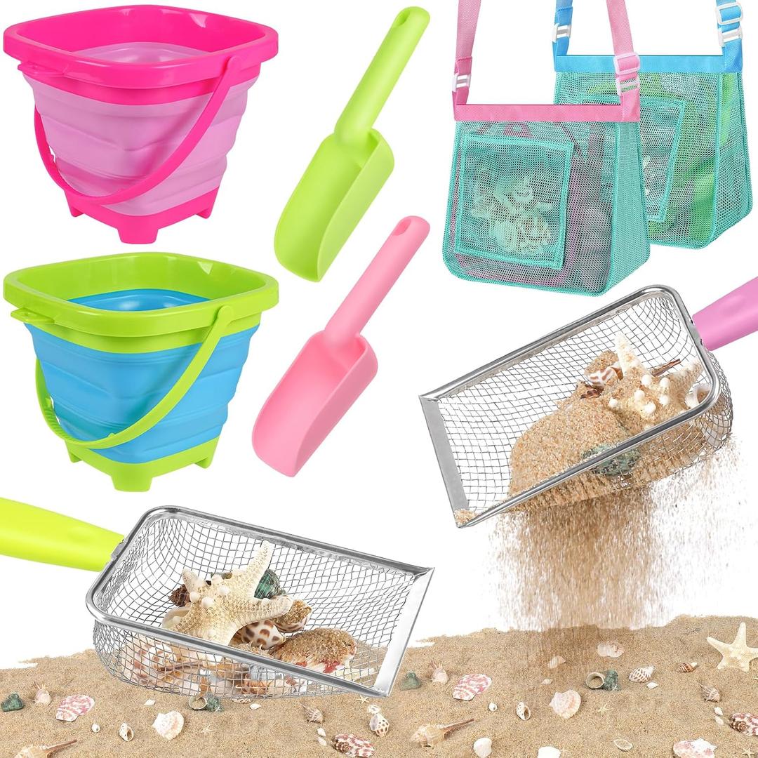 FHOZGECY Beach Toys, Sand Toys with 2 Collapsible Bucket, 2 Beach Mesh Shovel, Sand Shovel, Shark Tooth Sifter and Mesh Bag for Shell Collecting, Sand Dipper Beach Scoop Toys for Kids Boys and Girls
