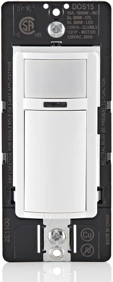 Leviton Decora Occupancy Motion Sensor in-Wall Switch, Auto-On or Manual-On, 15A, Single Pole, Multi-Way or Multi-Sensor, DOS15-1LZ, White with Ivory, Light Almond Faceplates