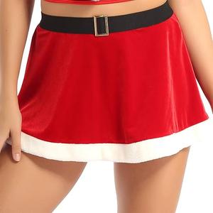 Women’s Velvet Christmas Santa Claus Mini Skirt Feather Trim Xmas Red Short Skirts Cosplay Fancy Costume Skirt, M