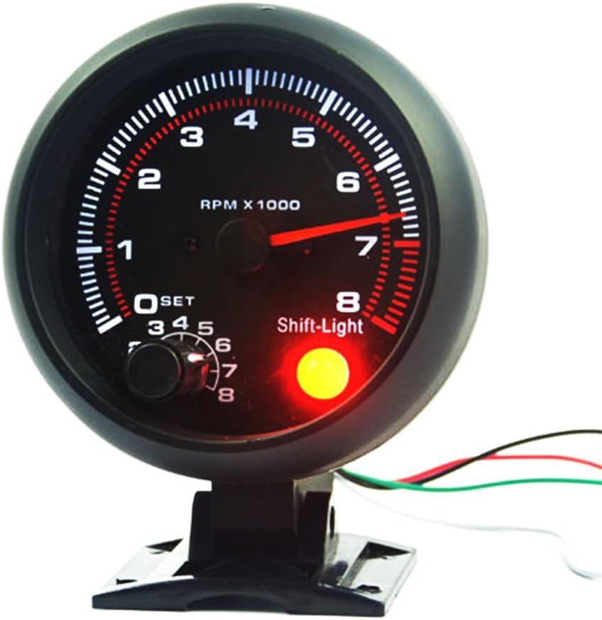 Universal 3.75" 12V White LED Backlit Tachometer Gauge with Red Shift Light for Auto Gasoline Car, 0-8000 RPM