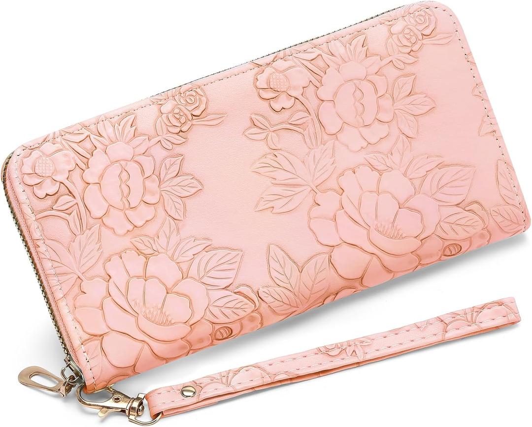 Wallet Women Clutch Leather Wristlet Wallet Fashion Embossed RFID Blocking Credit Card Holder with Strap (Light Pink)